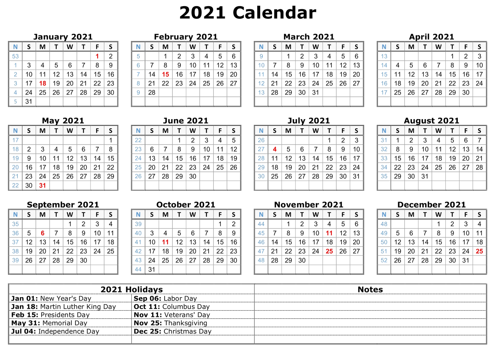 Calendar 2021 Printable Monthly Blocks Photo  HD Free Download